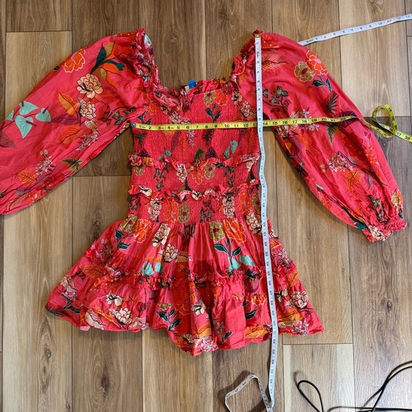 Farm Rio Anthropologie Smocked Ruffle Mini Dress Large Coral Long Sleeve Orange - Picture 12 of 12